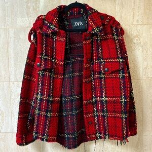 Zara Tweed-Textured Plaid Overshirt (Medium) - Red